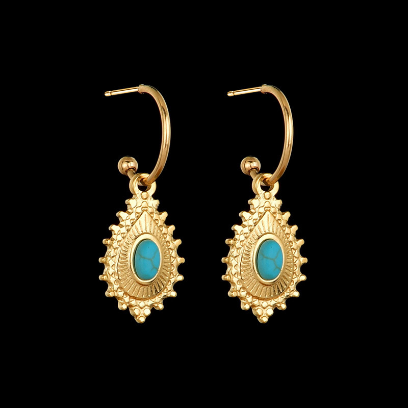 European And American New Simple Titanium Steel Oval Turquoise Pendant Earrings display picture 5