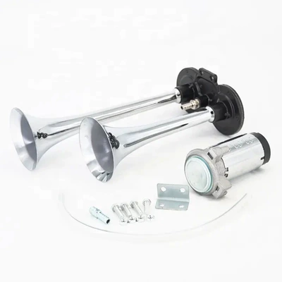 Cross-Border Double-Tube Zinc Alloy Air Horn Air Pump Motor Car Compressor Train Super Loud Air Horn 150Db (Car horn/tweeter) - double-tube-zinc-alloy-air-horn-12v-chrome-plated-with-white-motor