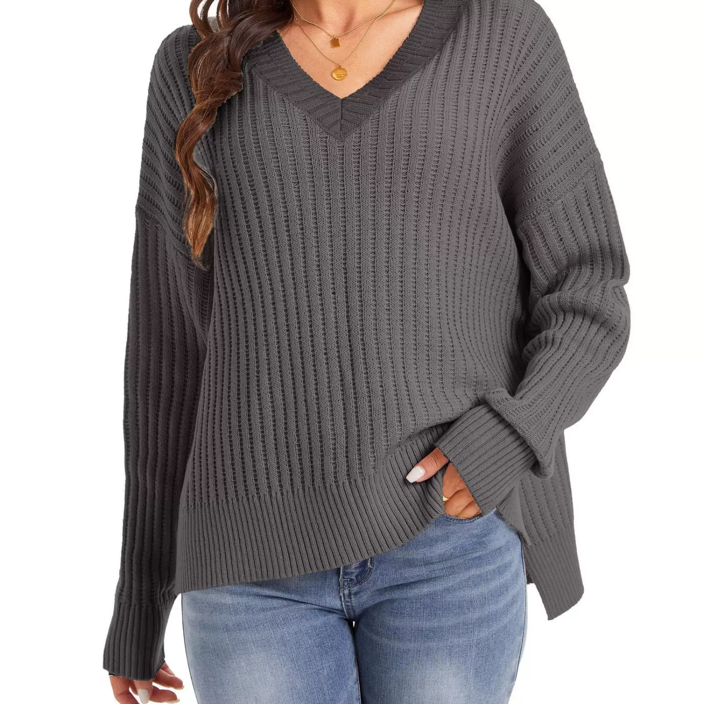 2025 年跨境新款亚马逊速卖通爆款秋冬宽松v领毛衣时尚休闲女装女