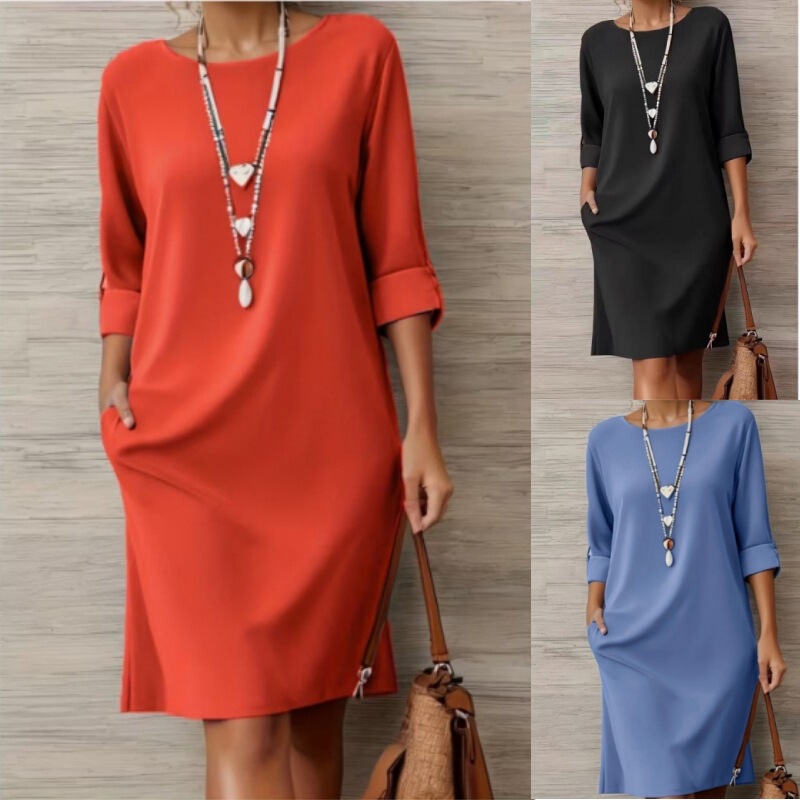 2026 New European and American Style Elegant Round-Neck Versatile Solid Color Dress with Side Pockets and Mid-Sleeves