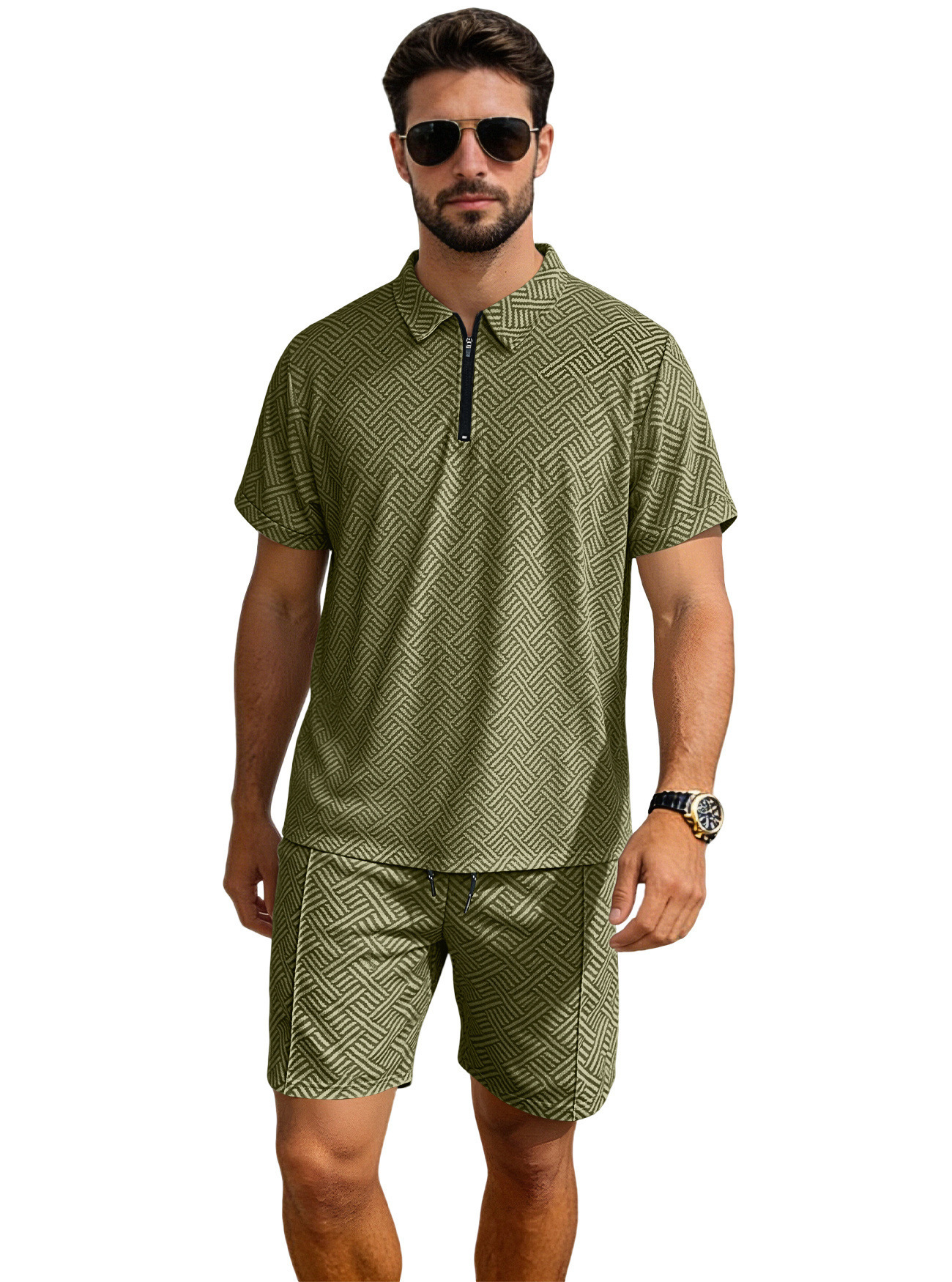 Verano transfronterizo nuevo hombre venta de cremallera manga corta polo vacaciones ocio comercio exterior manga corta set