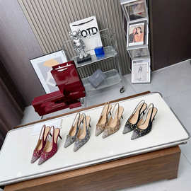 2025新款欧美水钻高根印花复古尖头女鞋气质包嘴凉鞋后空