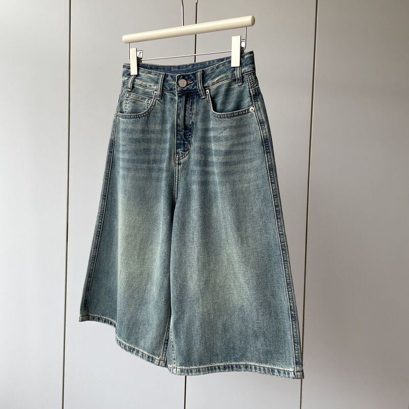 Retro do old color appearance is good! 100 Cotton High Waist Lightweight Soft Comfortable Loose Six-point Straight-Leg Jeans for Women