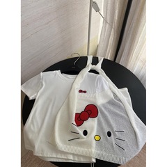 キティ猫甘くてスパイシーなショートスリムフィットレディース日本の夏の新しい多用途ニットショールかわいいリボントップ