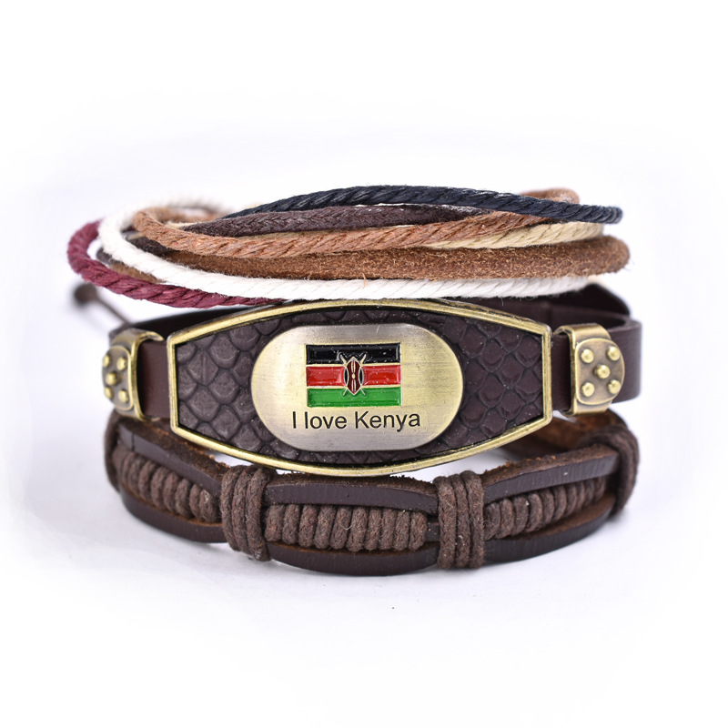 Color drop oil leather set strap vintage bracelet supply I love Kenya zinc alloy woven bracelet