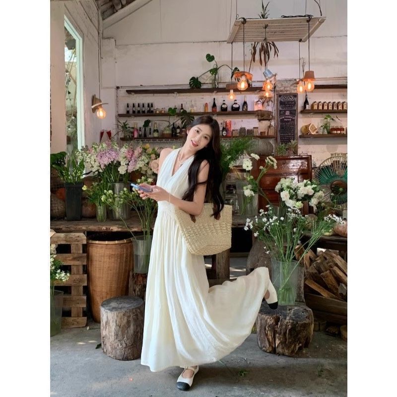法式夏季气质杏色字裙绝美裙子大摆裙长裙交叉收腰挂脖V领连衣裙|undefined