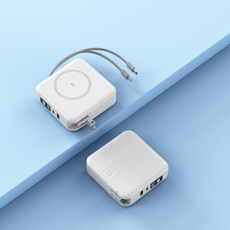 Power Bank 5 en 1 con enchufe, carga rápida PD20W, carga inalámbrica, cable retráctil y succión magnética