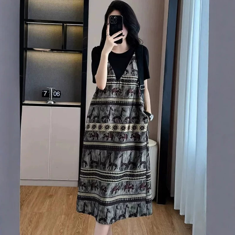 High-End Loose-Fitting Faux Two-Piece Printed Dress for Women, Fashionable Niche Design, Light Luxury, Versatile, Over-The-Knee Long Dress High-End Loose-Fitting Faux Two-Piece Printed Dress for Women, Fashionable Niche Design, Light Luxury, Versatile, Over-The-Knee Long Dress