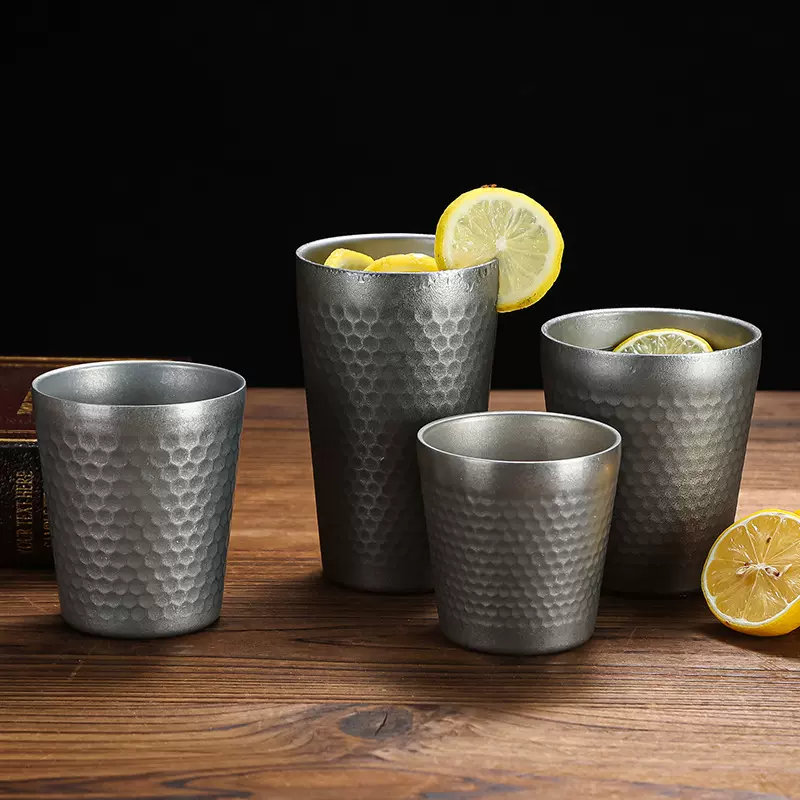 复古不锈钢钻石锤纹杯子水杯茶杯果汁杯啤酒杯做旧雪花灰户外便携
