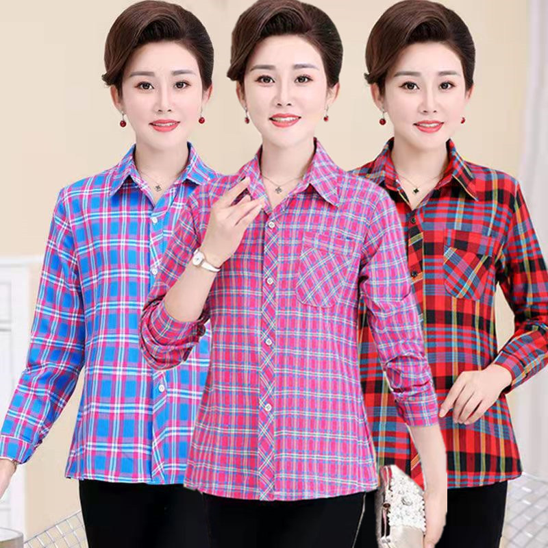 Spring and Summer Long-Sleeved Plaid Shirt for Women, Loose Cardigan, Thin Top for Mom, Casual Shirt, Trendy Middle-Aged and Elderly Women's Shirt