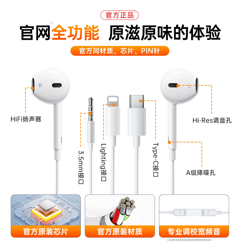 Adecuado para auriculares con cable de Apple, versión Lightning, plug and play, auriculares Apple tipo C con micrófono.