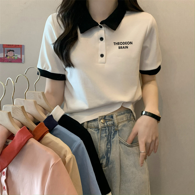 Polo Shirt Short-Sleeved T-Shirt Women's Short Top 2025 Spring and Summer New Style Pullover Lapel Right Shoulder Pure Cotton Bottoming