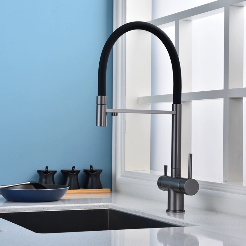 Cross-Border 304 Stainless Steel Three-In-One Gun Gray Kitchen Pull-Out Faucet Hot and Cold Direct Drinking Water Purifier Sink Faucet