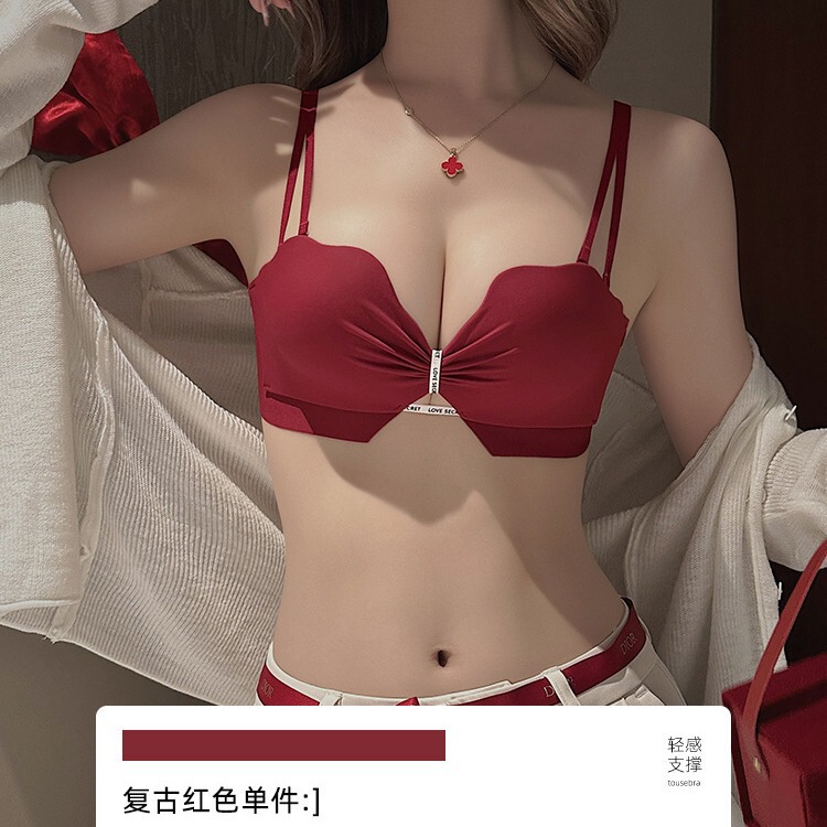 Red Underwear Women's Small Chest Push-up Support Anti-sagging Nipple Bride's Wedding Letter Matching Bra suit