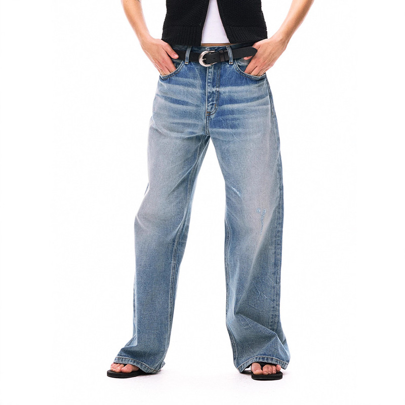 Korean Niche Designer Loose Mid-Waist Straight-Leg Pants Handmade Whiskered Washed Silhouette Distressed Denim Women's Pants