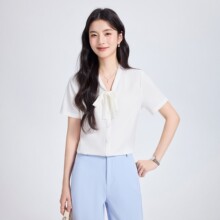 蝴蝶结衬衫女短袖系带领通勤修身显瘦百搭职业衬衣珠宝店工作服