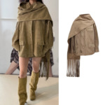 高版本定~制25早秋新品仿麂皮绒烫钻围巾流苏外套时尚百搭上衣女