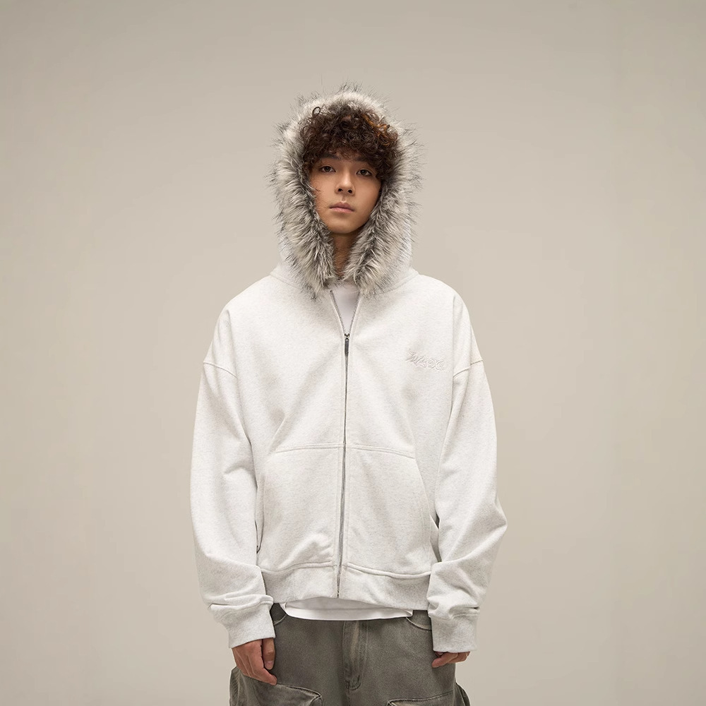 Retro Faux Fur Hooded Zip-Up Sweatshirt – Unisex Streetwear Jacket With Embroidery & Kangaroo Pocket_viptrois.com