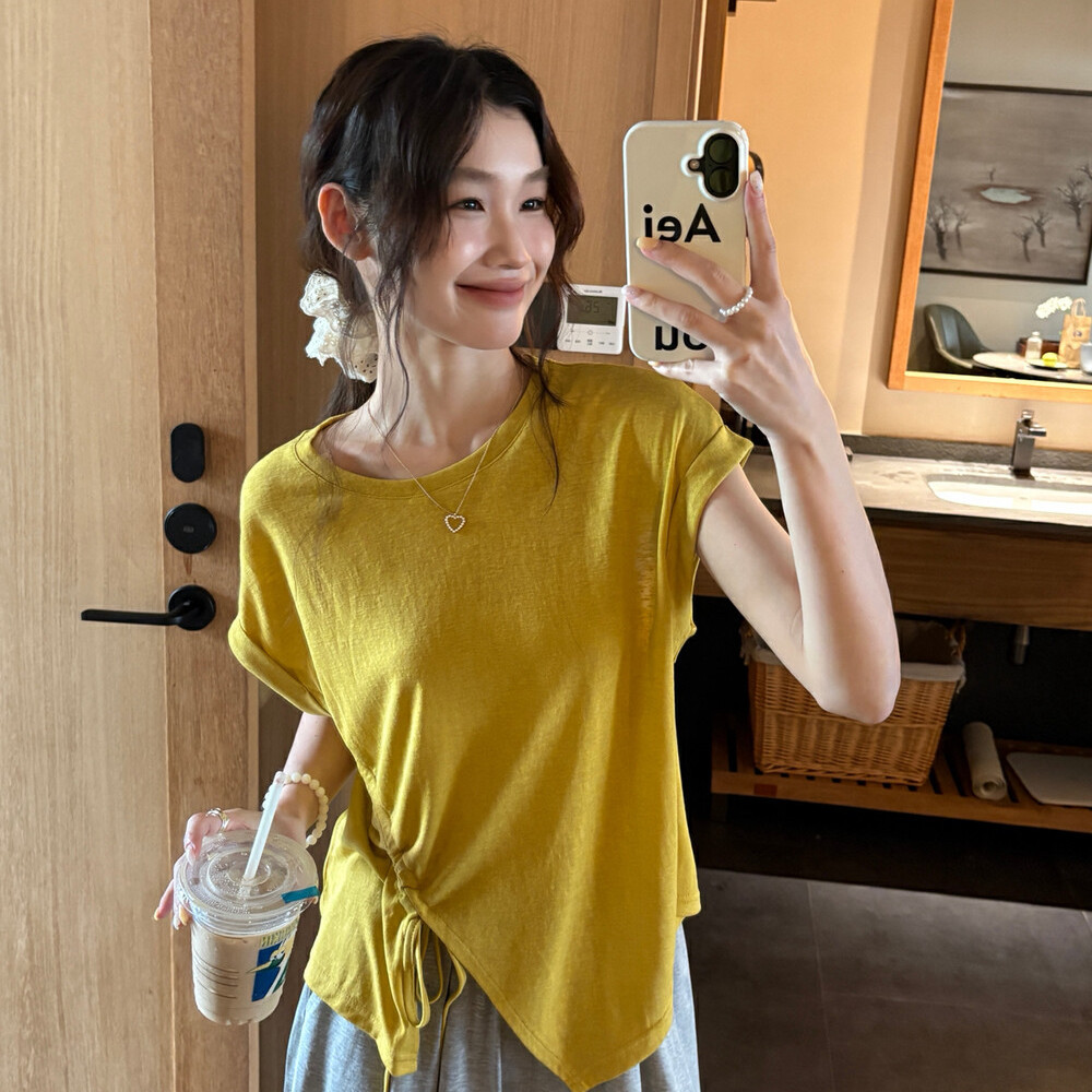 Liquidación, sin devoluciones ni cambios, camiseta de manga corta con cordón de algodón y lino con diseño de copo de nieve de estilo coreano para mujer, top de verano 2025.
