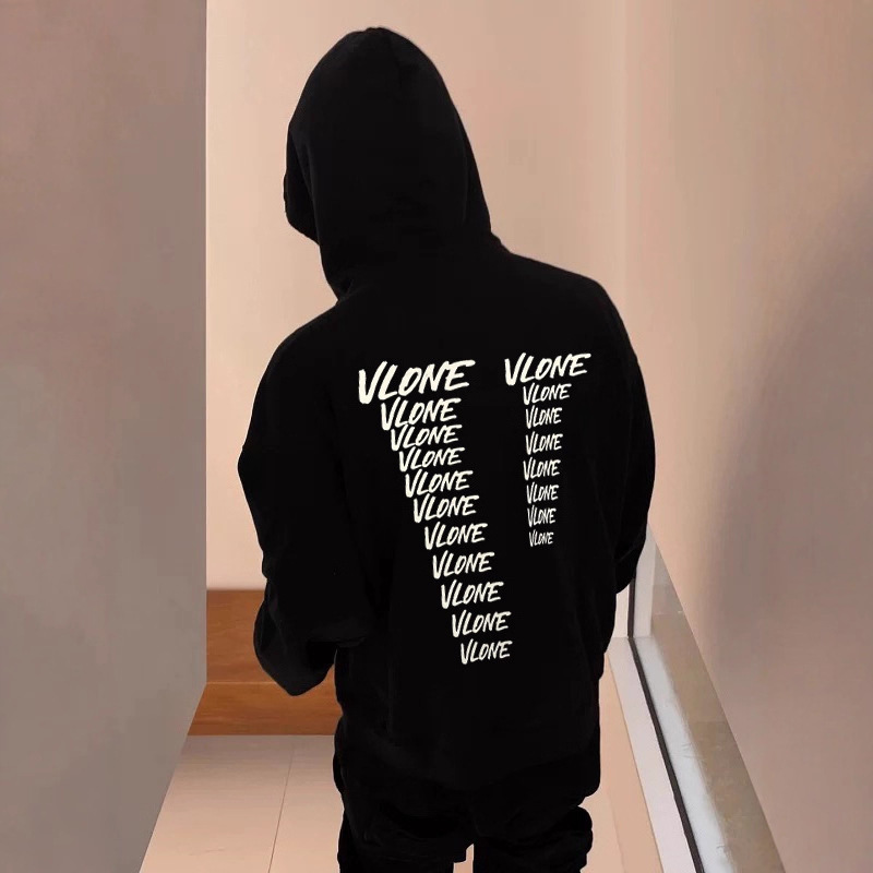 Vlone Gang Full Print Big V Niche Trendy Brand American Autumn and Winter Fleece-Lined Loose Men's Couple Hooded Sweatshirt