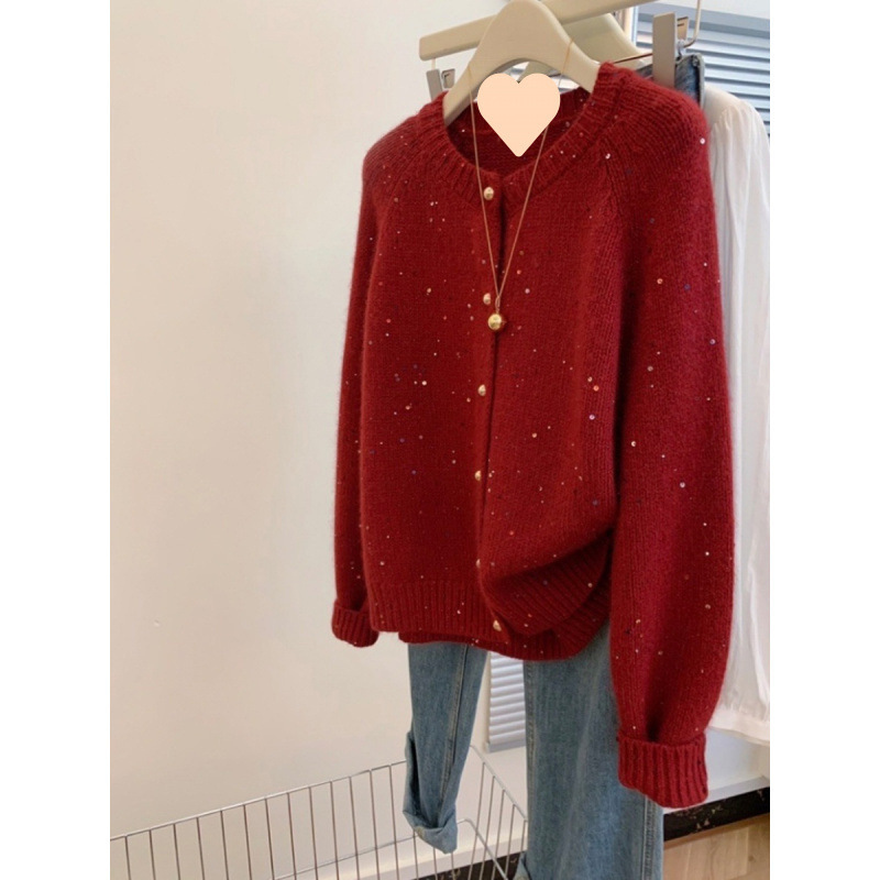 Gentle Atmosphere Sequin Crewneck Sweater Cardigan Women's Autumn and Winter New Year Retro Red Soft Waxy Knitted Jacket