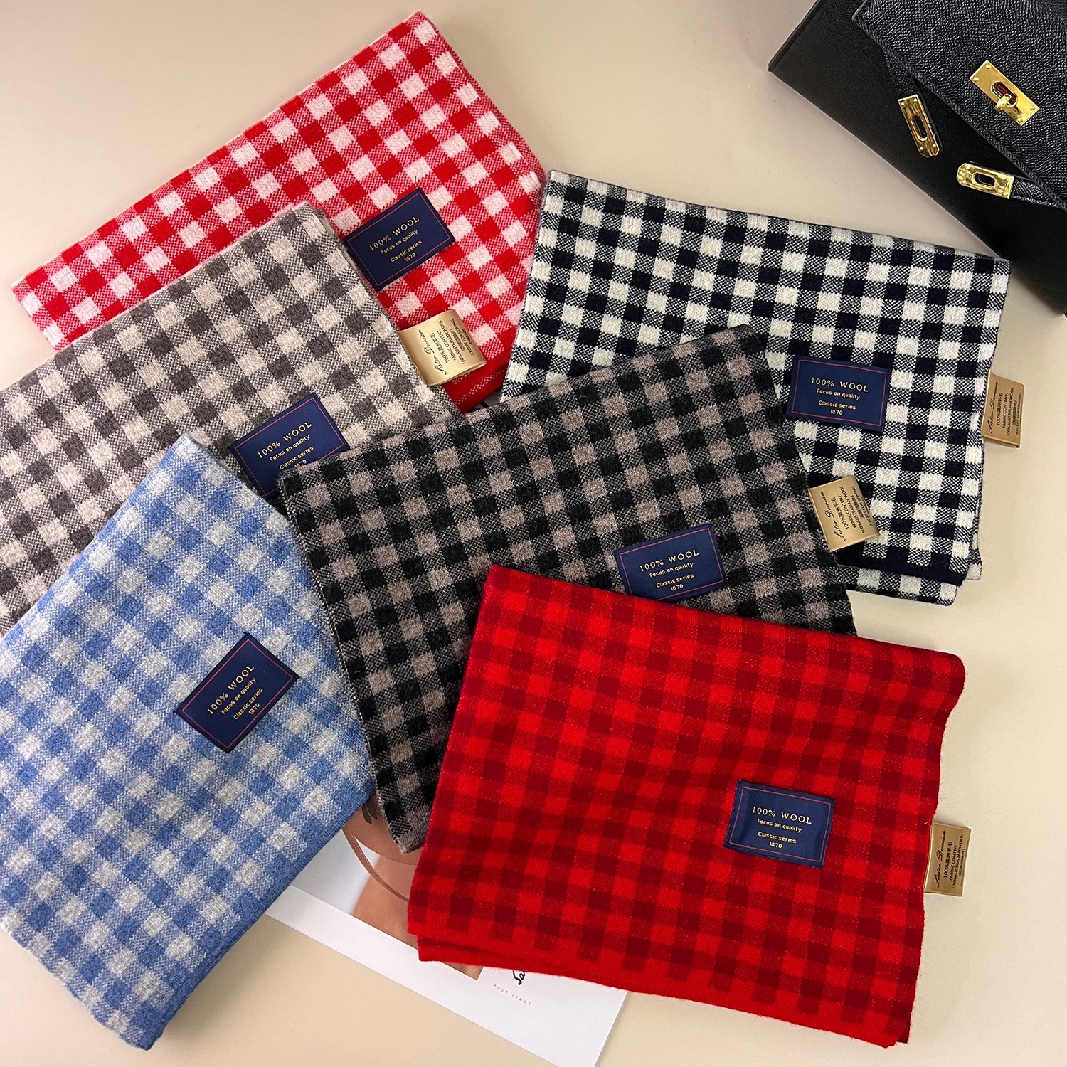 精选珍品澳洲wool100%纯羊毛蓝色小格子围巾冬季加厚保暖情侣围脖