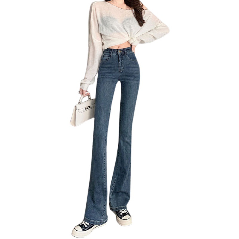 Blue Ash Micro-Lar Jeans Women's Autumn and Winter High Waist Slimming Horseshoe Pants Small Slim-fit Stretch Cyberpop Trumpet Pants