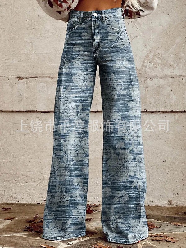 跨境欧美独立站爆款数码印花假牛仔女士阔腿裤 女士喇叭修身长裤|undefined