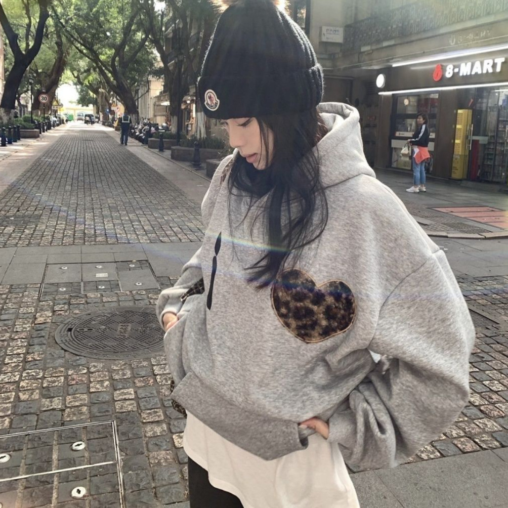 Korean Style Creative Letter Printed Long-Sleeved Hooded Sweatshirt Autumn and Winter New Loose Velvet Warm Pullover Top for Women