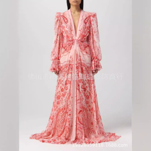 European and American Cross-Border Amazon Aliexpress 2025 Autumn and Winter Deep V Sexy Long-Sleeved Floor-Length Dress Large Size Printed Evening Dress,