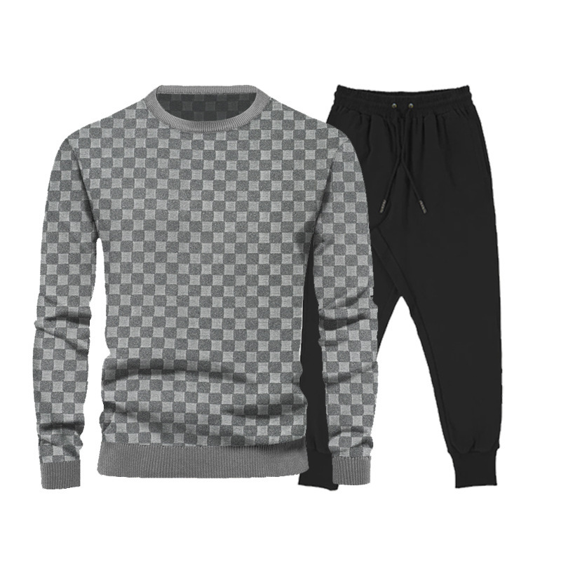 751g Weight Long Sleeve Sleeve Length Cotton Blend, Polyester Fabric Type Pants Sets Sets Type 2 Pieces Set Quantity Casual Occasion Round Neck Neckline Regular Fit Fit Type Plaid Pattern Winter, Autumn Season Men's Gender Streetwear Style Men's Autumn And Winter Jacquard Checkerboard Long-sleeved Trousers Sets  Men's Clothing 6