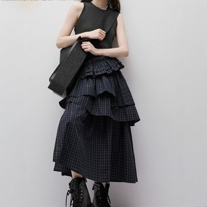 25SS break rules break the rules_multi-layer skirt_British blue and green stitching dress