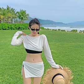 新款辣妹长袖防晒裙式分体泳衣女四件套温泉泳装海边度假bikini夏