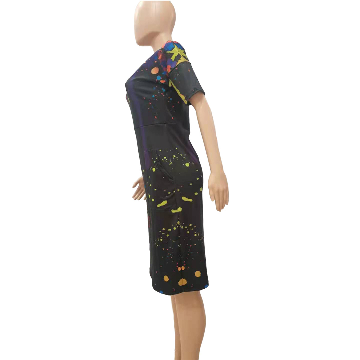 Loose Splashed Ink Printing V neck Casual Dress with Pocket