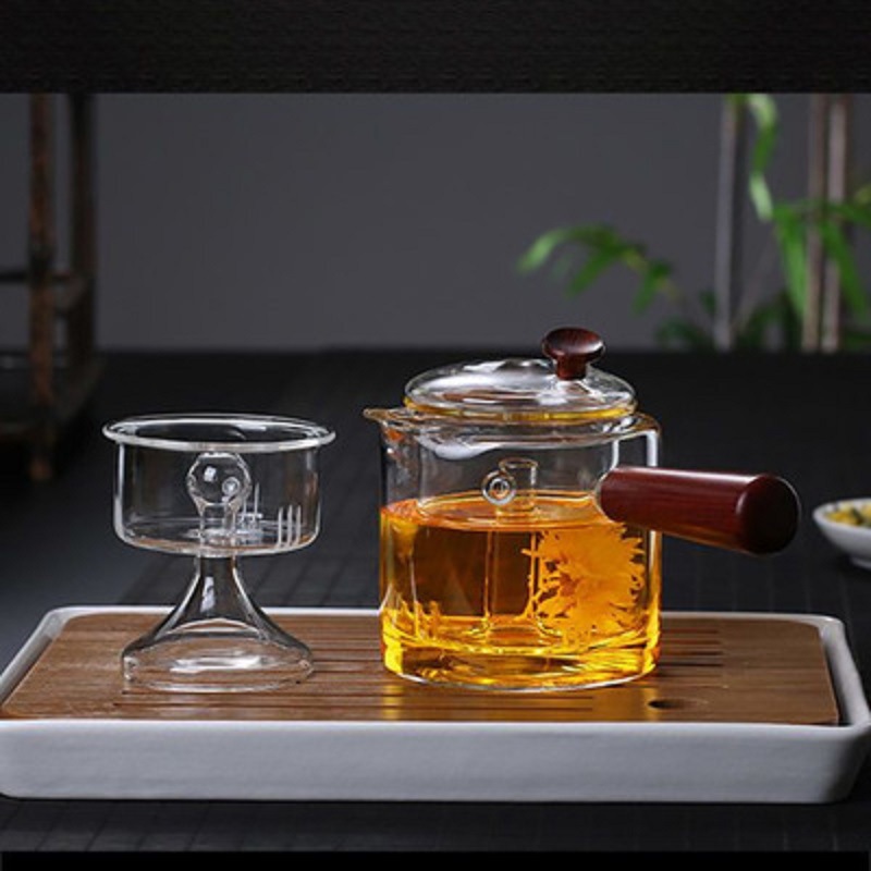 Mango lateral filtro tetera engrosada vidrio borosilicato Kung Fu juego de té traje hogar mango de madera al vapor Té fabricante