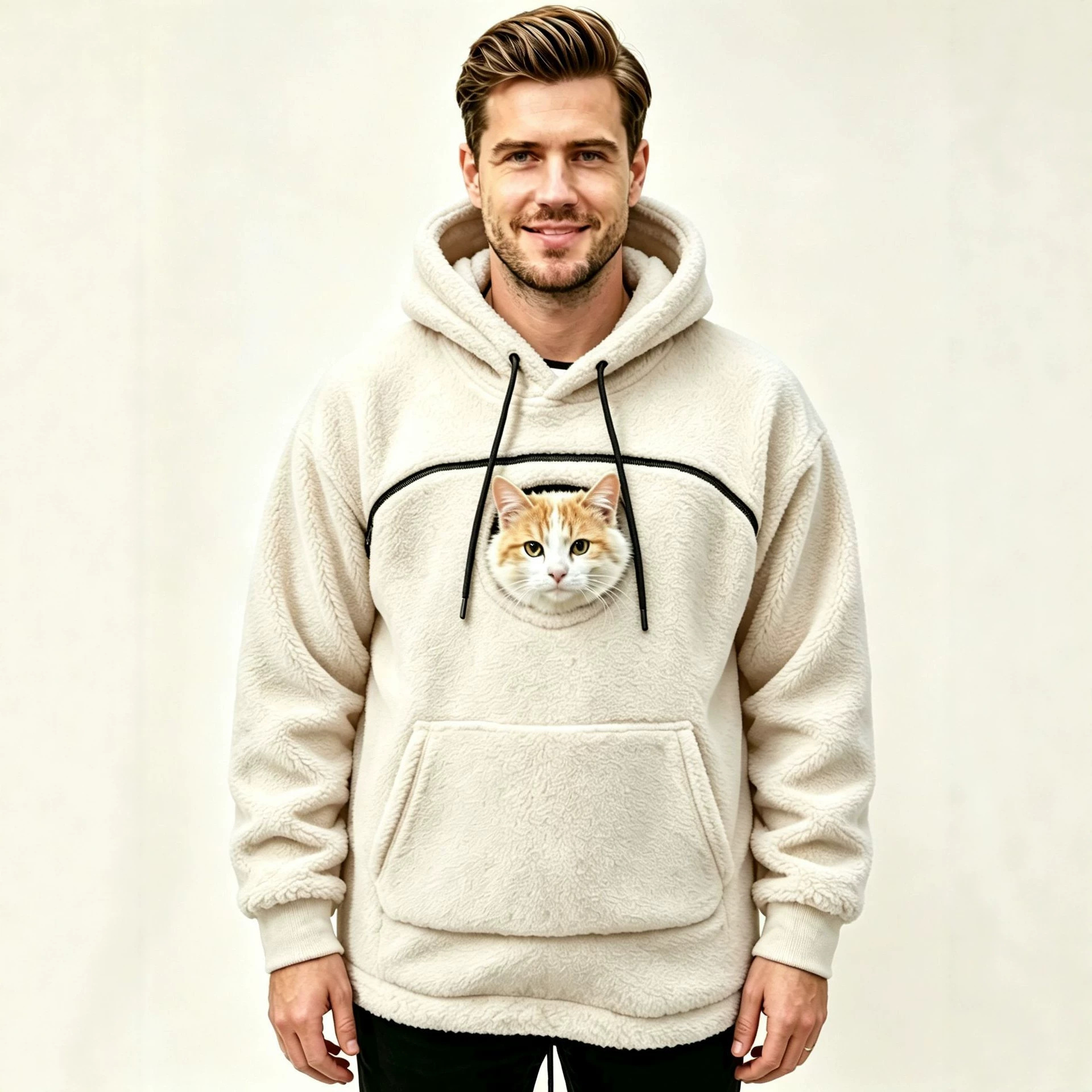 European and American style autumn/winter men's hooded sweatshirt, fleece-lined, warm, with pockets, suitable for pets (dogs and cats), casual outerwear