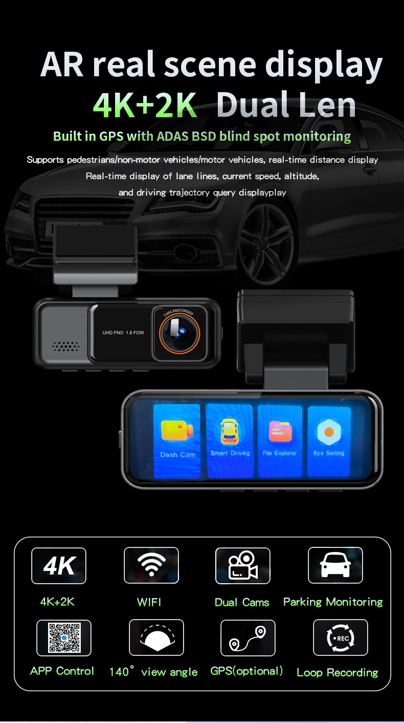 Cross-Border New Model 4K+2.5K Dash Cam 3inch Hd with Support for Wifi and Gps Infrared Night Vision Car Dvr