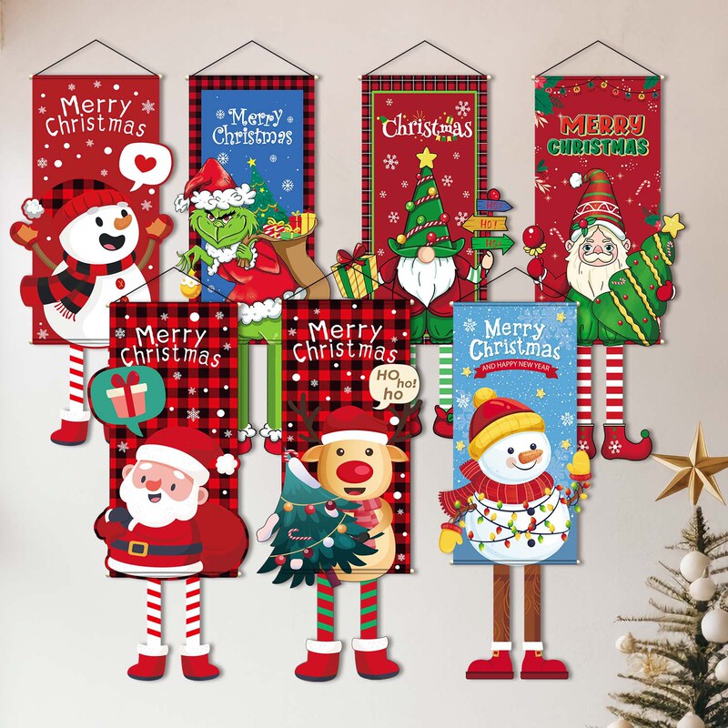Cross-border New Christmas Hanging Cloth Flag Party Decorations Props Creative Cartoon Printed Background Cloth