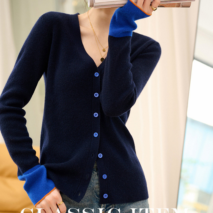 Contrast Color Cardigan Women's Top Knitwear Long-Sleeved Autum New 2024 Women's Knitwear Jacket Color Matching V Neck Elegant Contrast Color Cardigan Women's Top Knitwear Long-Sleeved Autum New 2024 Women's Knitwear Jacket Color Matching V Neck Elegant