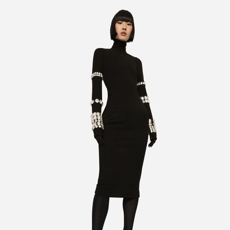 New black mid-length high collar elegant seam Diamond bandage dress dress elegant socialite party communication performance