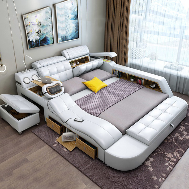 Suministro directo de fábrica cama doble de cuero multifuncional moderno simple tatami masaje eléctrico suave cama de boda de 1,8 m image 3