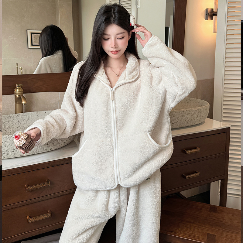 Women's thickened fleece-lined stand-collar loungewear set, loose, soft, comfortable, warm, suitable for outdoor wear, postpartum clothing, pajama set