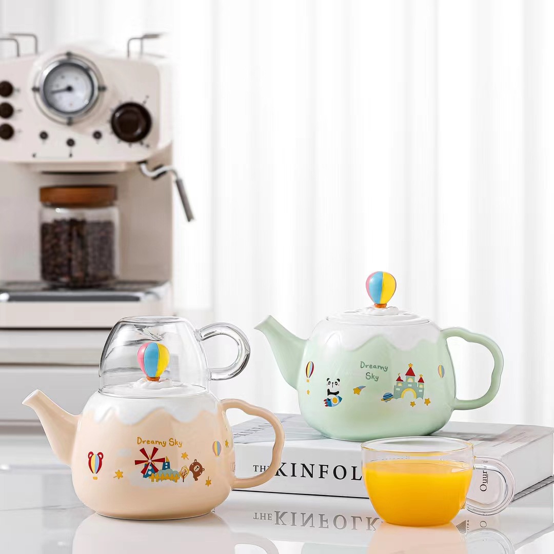 Personalidad creativa globo de aire caliente botella de agua fría una olla una taza de café de cerámica combinación traje flor taza de té regalo conjunto de agua