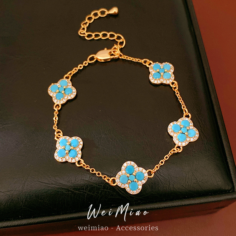 Medieval vintage de oro verdadero, piedra afortunada, pulsera de flores de hierba, pulsera ligera de lujo, pulsera de nicho, joyas de alta calidad.