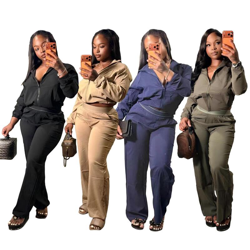 European and American casual sportswear set: a two-piece set consisting of a long-sleeved top with a collar and zipper, and high-waisted, slightly flared long pants. Q6414