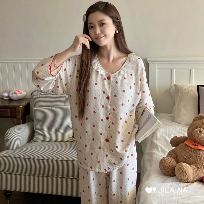 JIEAINA蕾丝花边软绵纱套装女春秋季长袖长裤甜美可爱圆领家居服|undefined