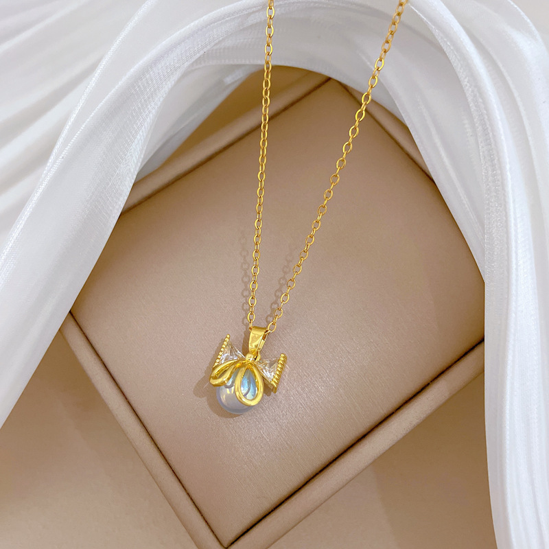 Edle Perlen Schleifen Halskette Diamant Titanium Stahl Kette_voghion.com