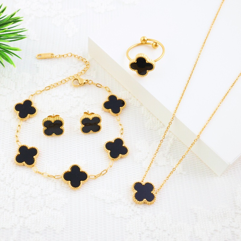 High-grade titanium steel Clover suit necklace stud earrings ring bracelet four-piece set girls charm elegant jewelry