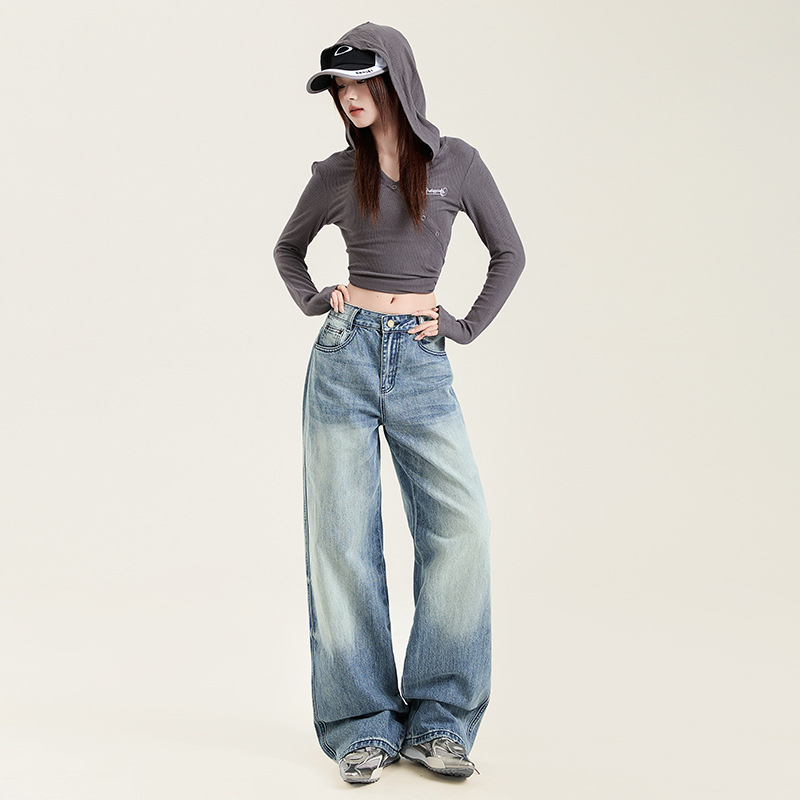DAIFA 도매 미국 복고풍 향수 블루 워시 청바지 높은 허리 스트레이트 마이크로 와이드 다리 바지