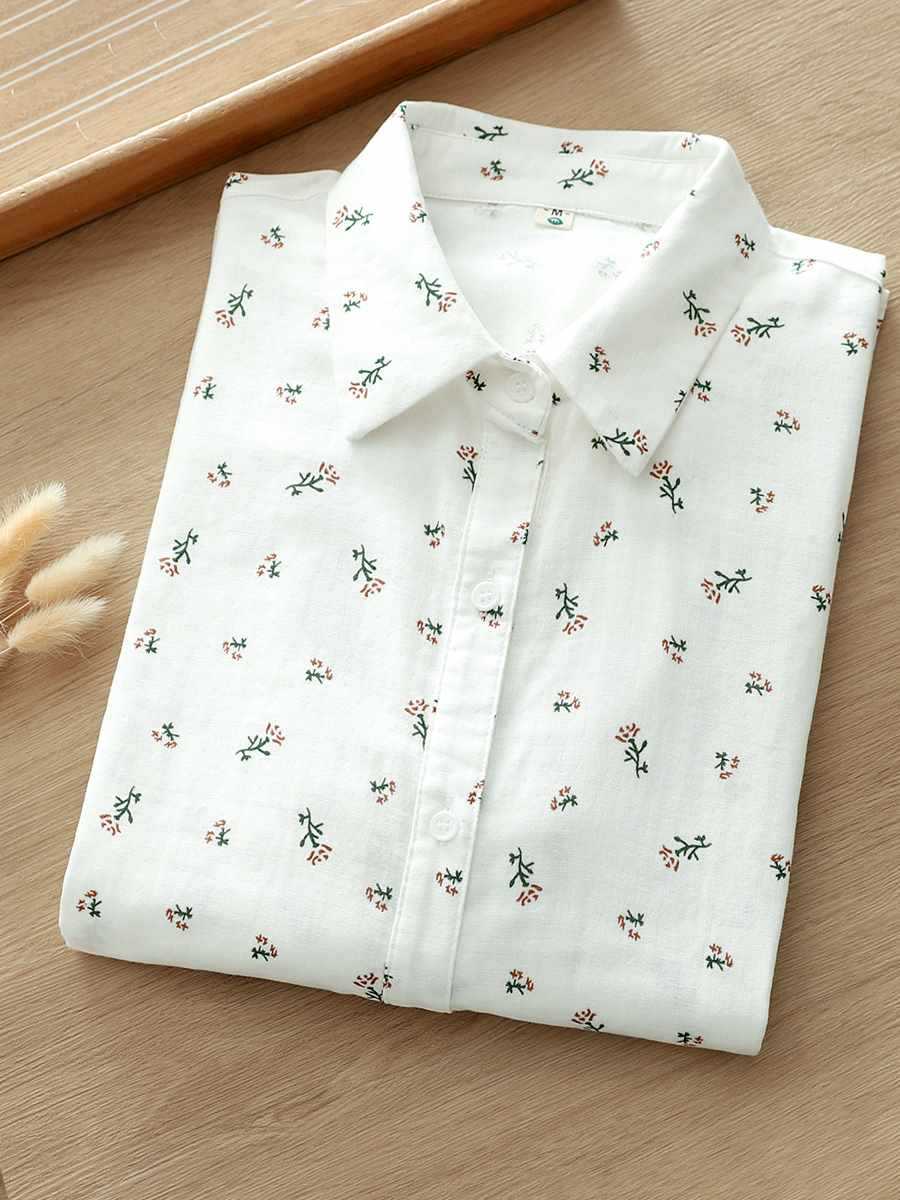 双层棉纱长袖衬衫女森系文艺小清新玫瑰花印花亲肤纯棉打底上衣潮